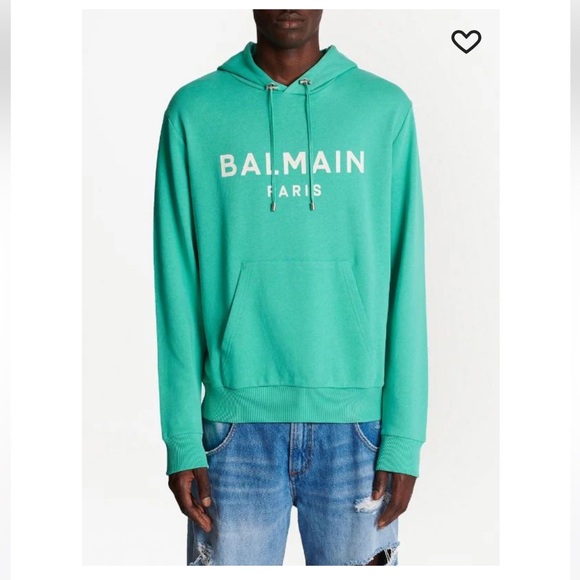 Balmain Unisex logo-print hoodie with kangaroo pocket see green white large - Picture 3 of 16